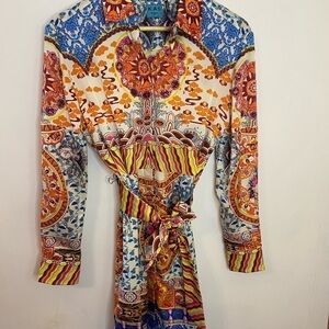 KAS Designs Multicolor Abstract Print Tie Waist Satin Shirt Dress